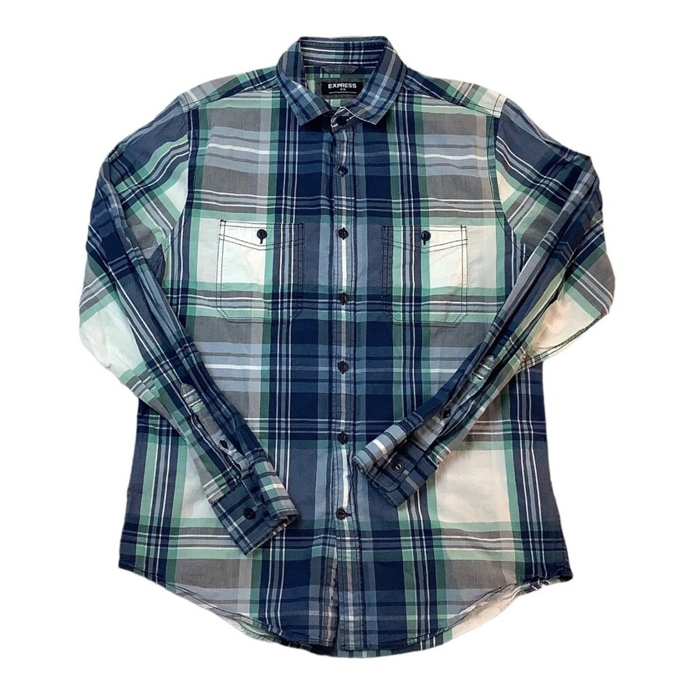 Express Mens Plaid Button Up Long Sleeve Shirt 100% Cotton